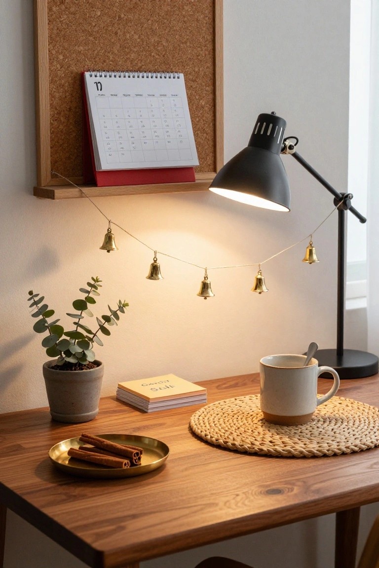 Wooden desk with brass dish holding three cinnamon sticks, white ceramic mug on woven coaster, stack of yellow notebooks, gray potted eucalyptus plant, and gold bells hanging on string above.