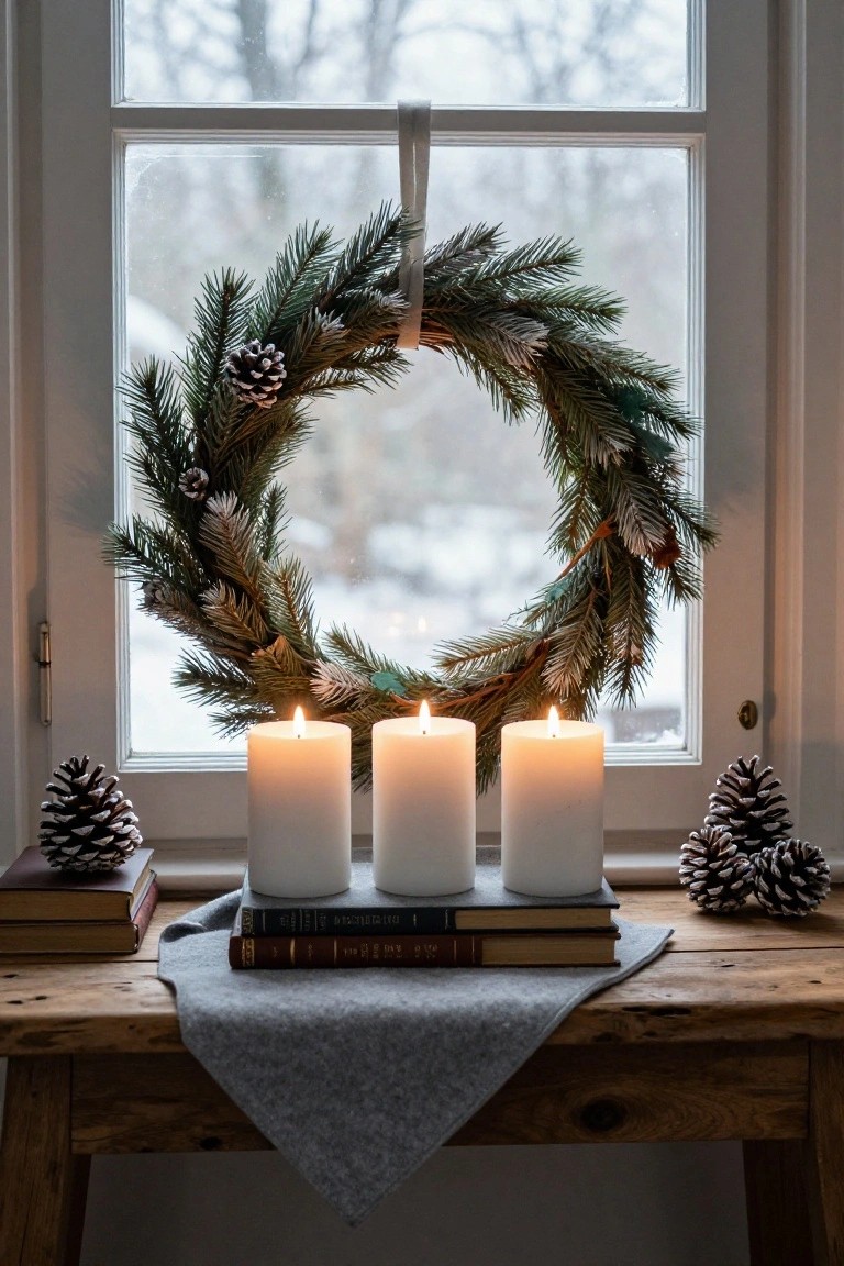 Christmas wreath with candles, books, and pinecones on wooden windowsill.