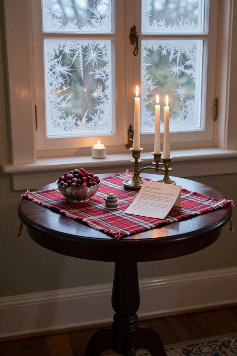 Small round wooden table draped in red plaid cloth with a silver bowl of red cranberries, brass three-candle holder, small gray container, and folded white paper note beside a frosty window.