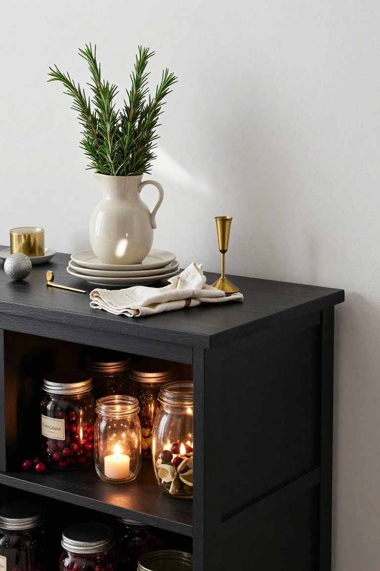 Black open shelving unit holding glass jars filled with red cranberries and lit candles, topped with a white pitcher of rosemary, plates, gold accents, and a linen napkin.