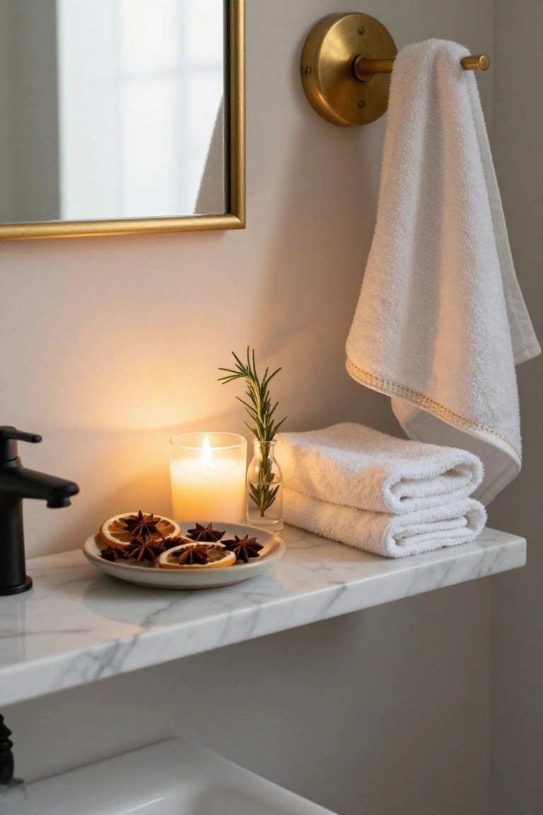 Bathroom vanity shelf with black faucet over white sink, marble shelf holding white plate of dried orange slices with star anise, lit glass candle, rosemary sprig in glass vase, stacked white towels, single towel hanging from gold hook, and gold-framed mirror on wall.