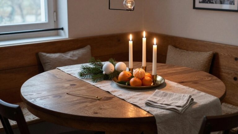 22 Small Christmas Table Decor Ideas That Make a Big Impact Wooden oval dining table in a built-in paneled bench nook with rattan chairs, centered with a gray bowl of oranges, white pillar candles on a gold tray, pine branches, linen runner and napkins, under black pendant lamp with exposed bulb, winter forest print on wall, large windows nearby.
