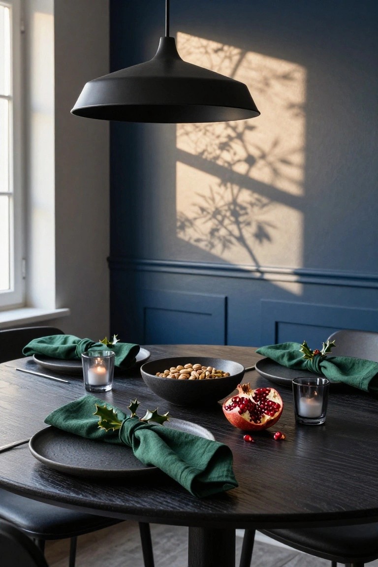 Round black wooden dining table set for four with black plates, green linen napkins tied with holly sprigs, black bowl of nuts, halved pomegranate, scattered pomegranate seeds, and glass tea light holders, green chairs, navy paneled wall, window with shadows, and black pendant light.