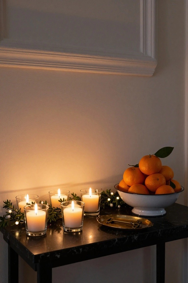 Black marble side table on thin legs holds lit glass votive candles wrapped in greenery and fairy lights next to a white bowl of oranges against a beige wall.