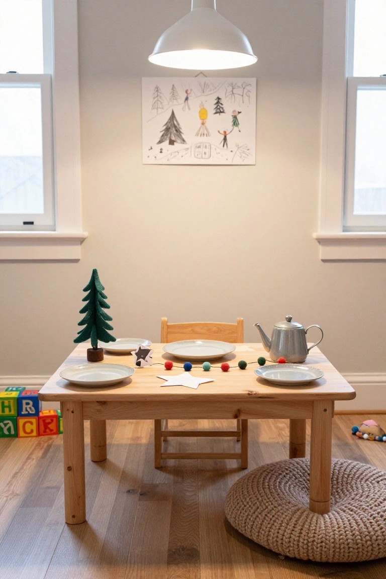 Small wooden kids table in a light gray room with a green felt Christmas tree centerpiece, white plates, silver teapot, pom pom garland, and scattered toys nearby.