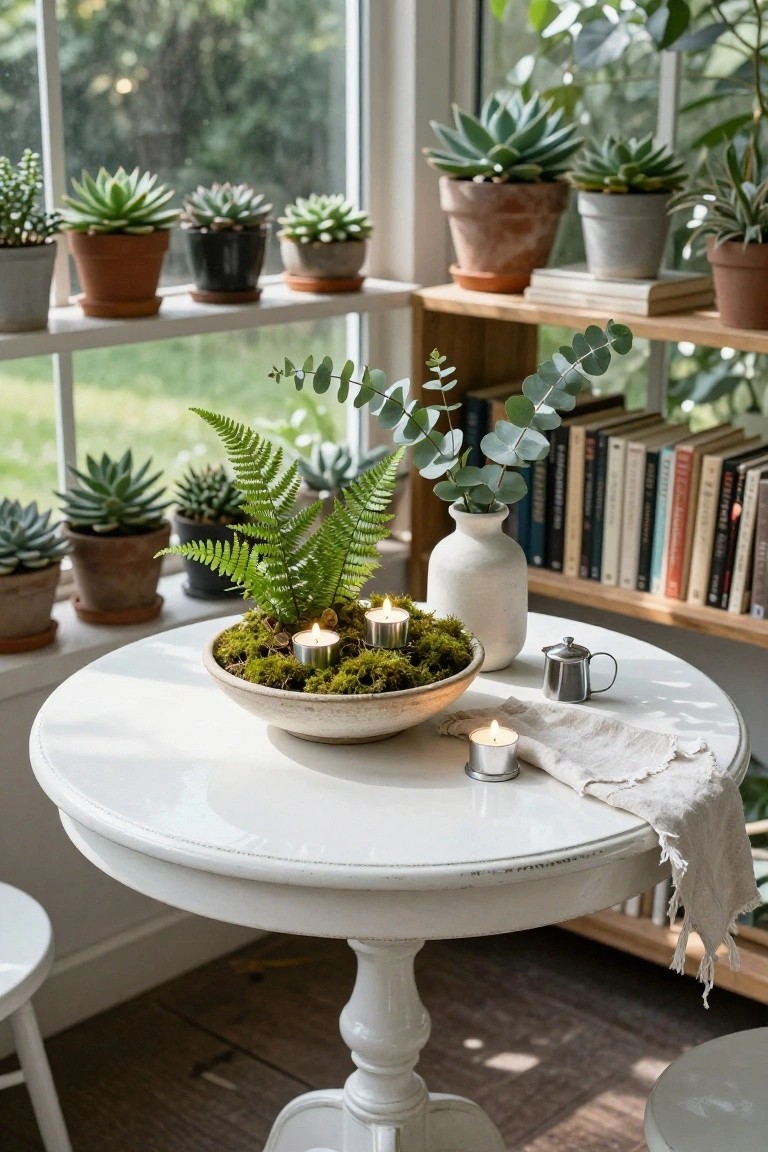 Sunlit sunroom corner with white pedestal table holding a shallow bowl of moss and tea light candles, a linen napkin, small metal teapot, plus potted succulents, ferns, and eucalyptus on nearby shelves and windowsill.