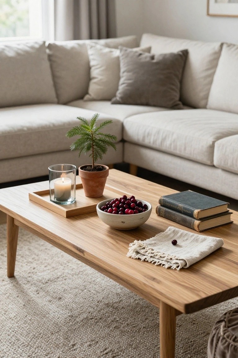 Wooden coffee table in a beige living room with a light wood tray holding a glass candle holder with lit candle, terracotta pot with small evergreen tree, white bowl of red lingonberries, and two stacked antique books beside a beige linen napkin with a berry.