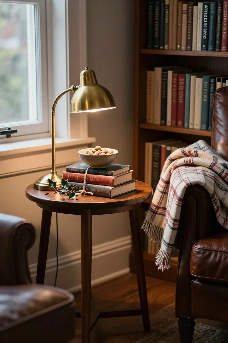 Close-up of a round wooden side table next to a leather armchair in a book-filled room, holding a brass gooseneck lamp, stacked books tied with string, white bowl of almonds, and green holly sprigs.