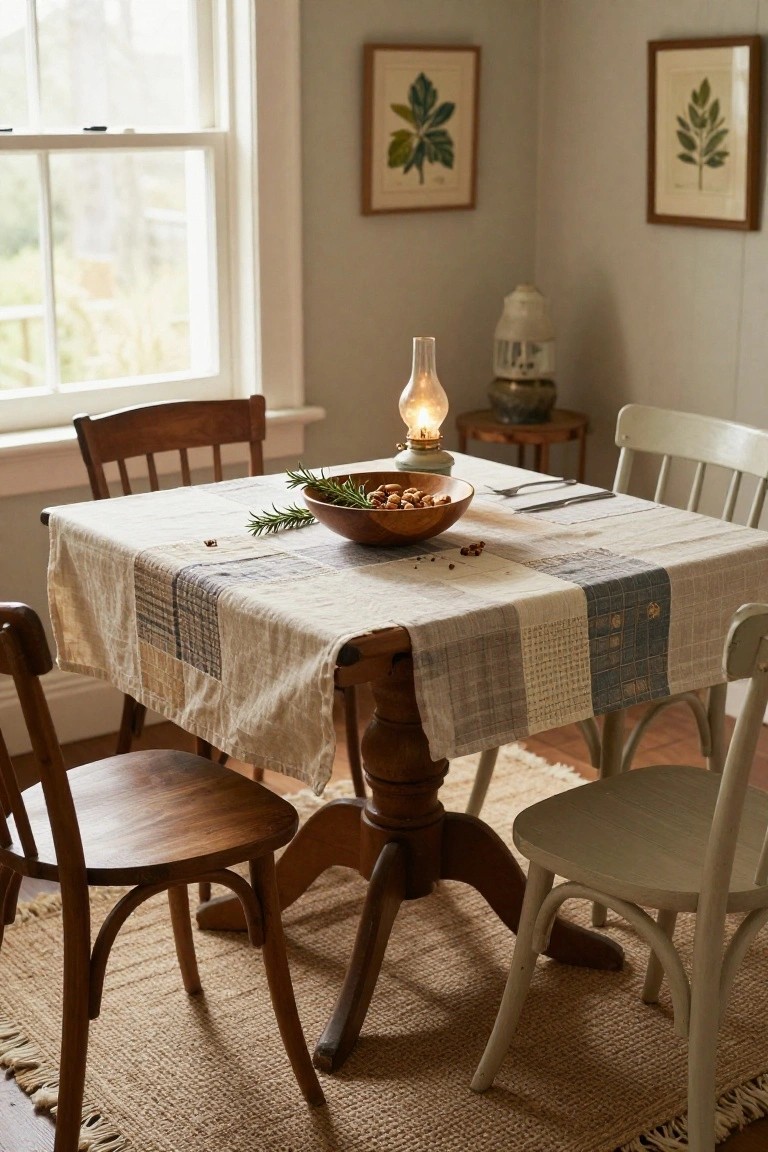 Wooden pedestal table draped in a patchwork linen cloth holds a wooden bowl of nuts with rosemary sprigs, lit by an oil lantern, with wooden and white chairs in a light-filled corner room.