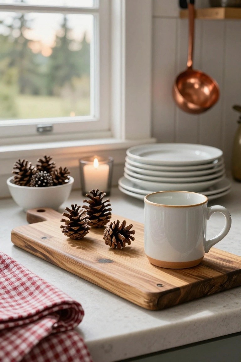Kitchen counter with pinecones on a wooden board, white mug with gold rim, glass candle holder, stack of white plates, white bowl of pinecones, copper ladle hanging above, and window view of trees and field.