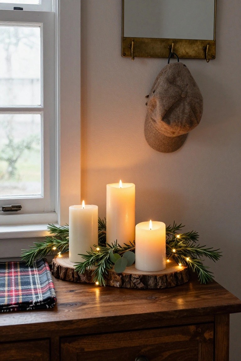 Cluster of white pillar candles on a round wooden slice base surrounded by rosemary sprigs, eucalyptus leaves, and fairy lights on a wooden dresser next to a window with a plaid cloth nearby.