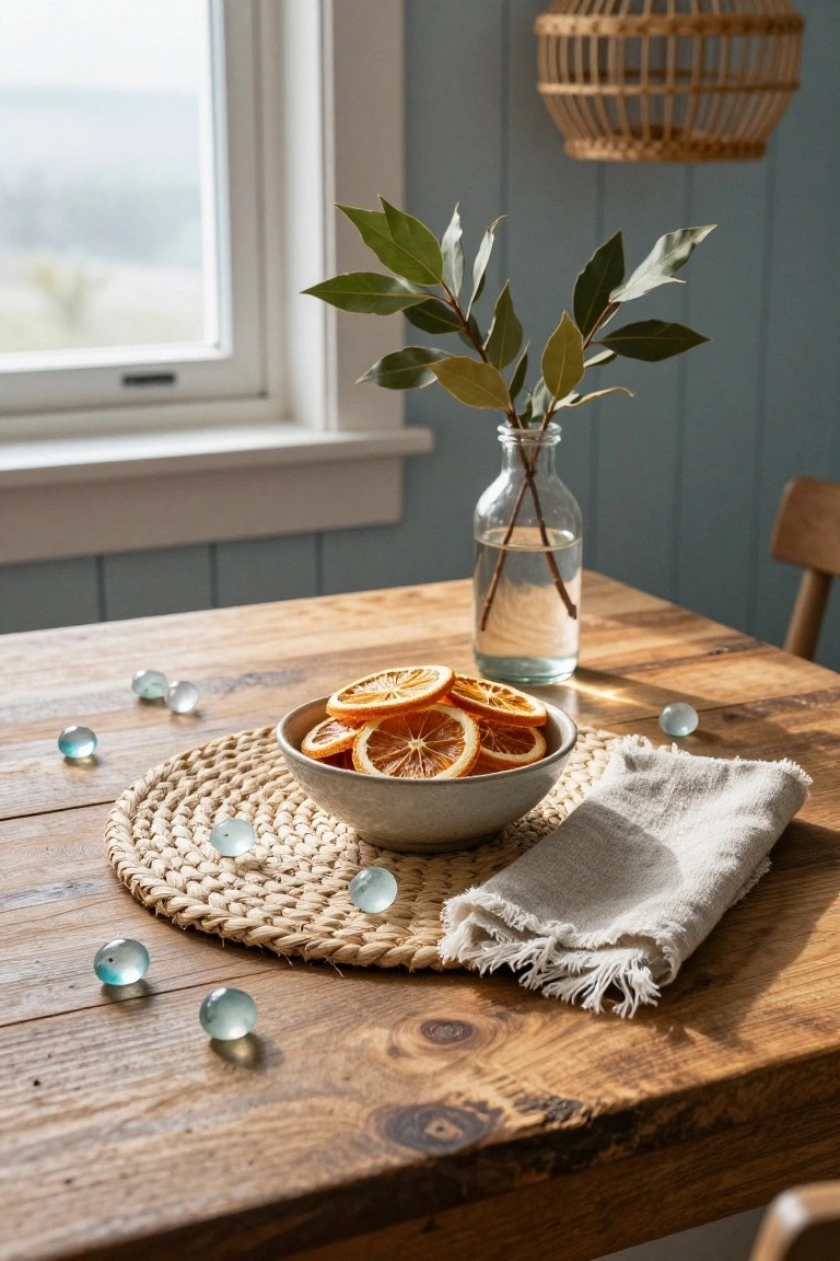 A rustic wooden table holds a white bowl filled with dried orange slices on a woven placemat, surrounded by blue glass marbles, a fringed linen napkin, and a glass vase with bay leaves and water, in a room with light blue walls and a window.