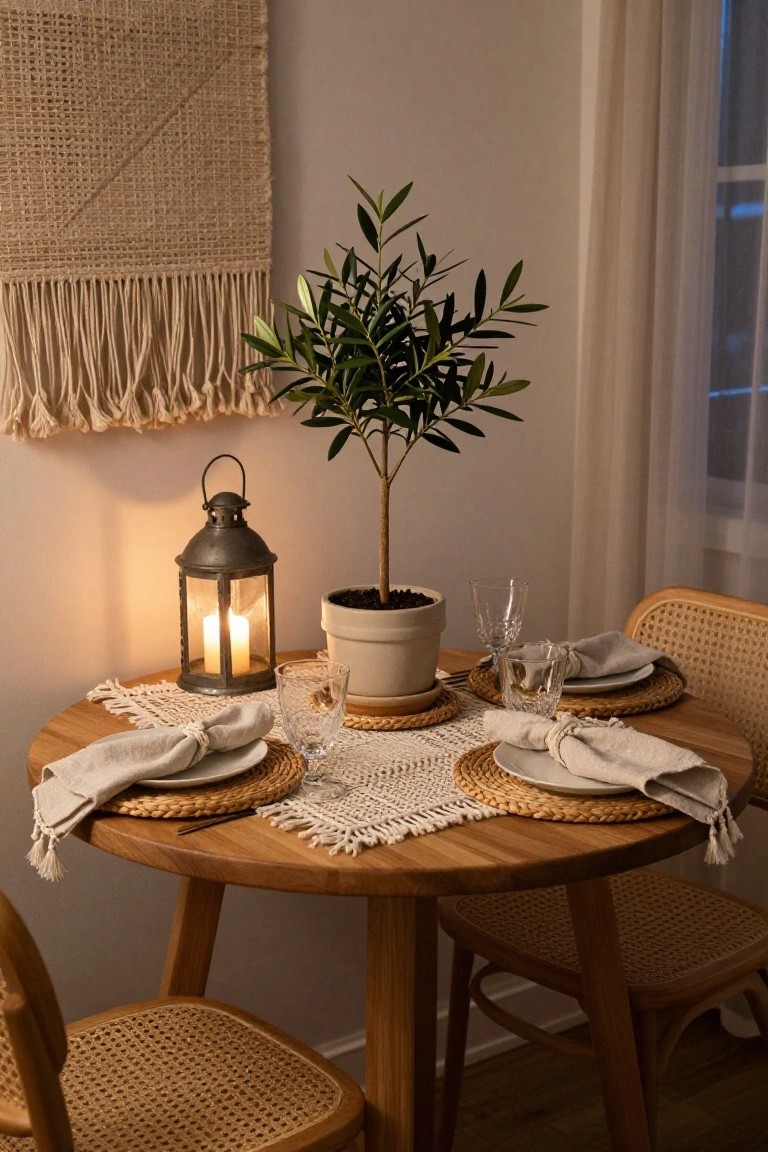 Small round wooden dining table set for two with rattan placemats, white plates, linen napkins, wine glasses, crochet runner, candle lantern, and potted olive tree on a saucer nearby.