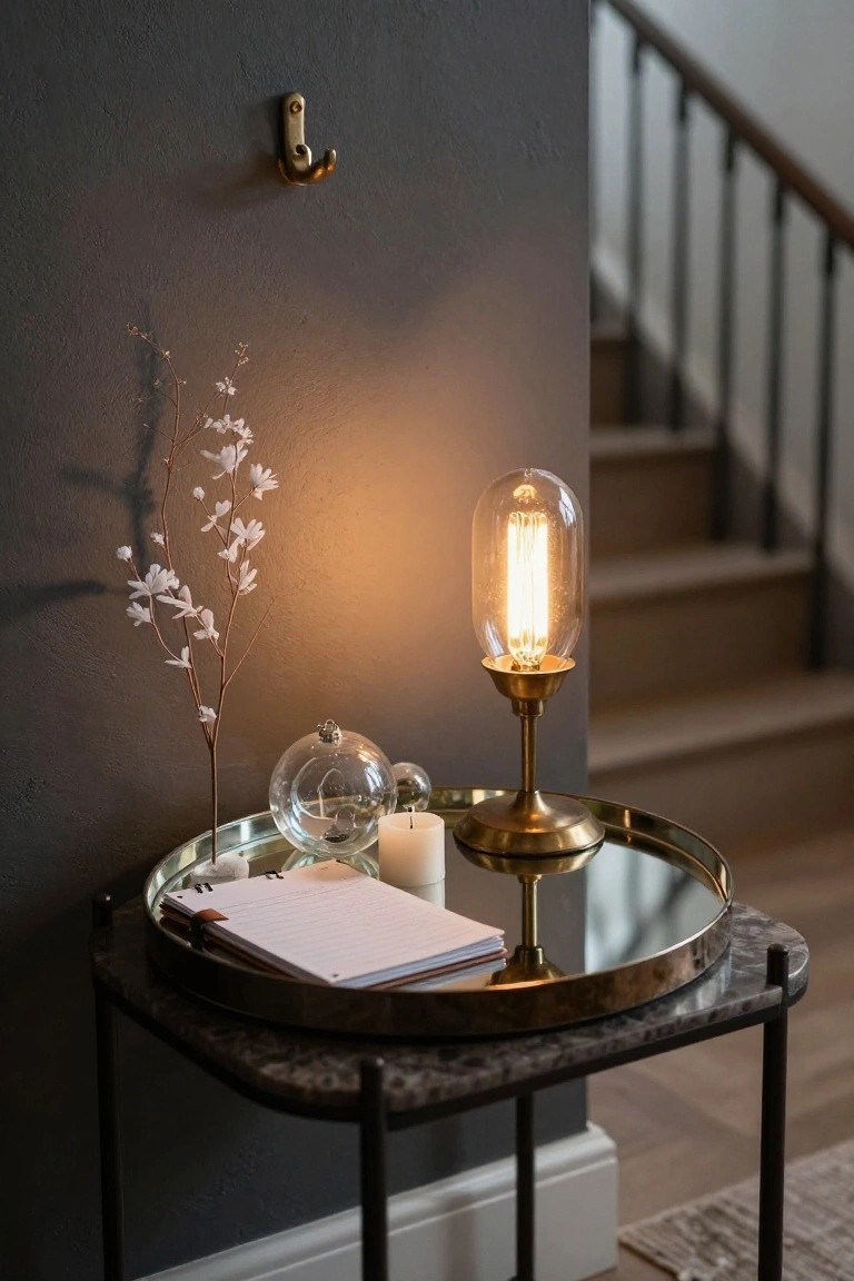 Dark corner with wooden stairs holds a small black marble side table topped by a gold mirrored tray containing white candles, glass ornaments, faux white branches, and an open notebook, lit by a brass lamp with exposed filament bulb.