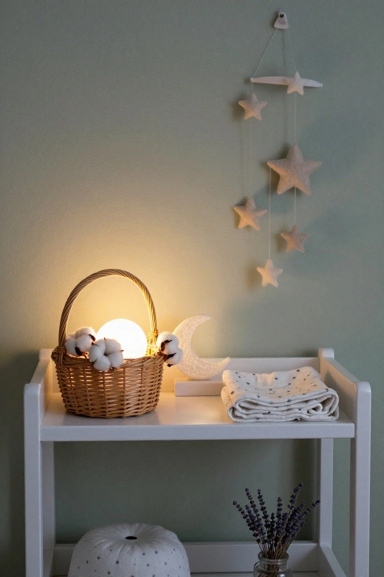 White wooden shelf unit against a pale green wall holding a lit wicker basket filled with white cotton bolls, a white moon-shaped light, folded white blanket with polka dots, lavender in a glass jar, and a round white pom-pom cushion, with a felt star and moon mobile hanging above.