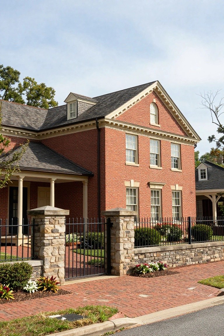 Two-story red brick Colonial house with symmetrical windows, columned front porch, slate roof and dormer, fronted by black wrought-iron fence between stone pillars on a brick walkway with plants and shrubs.