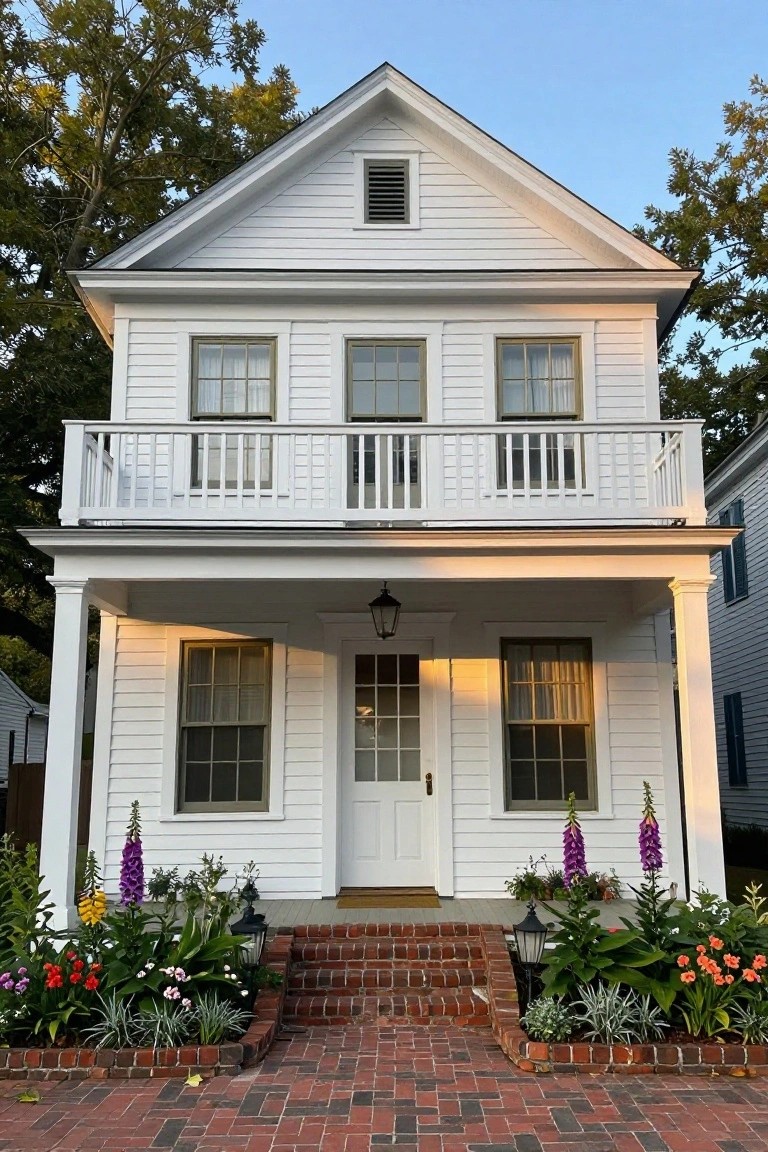 Two-story white clapboard house with gabled roof, upper balcony with railing, column-supported porch, central white door flanked by windows, brick steps, and flower beds with foxgloves and lanterns.
