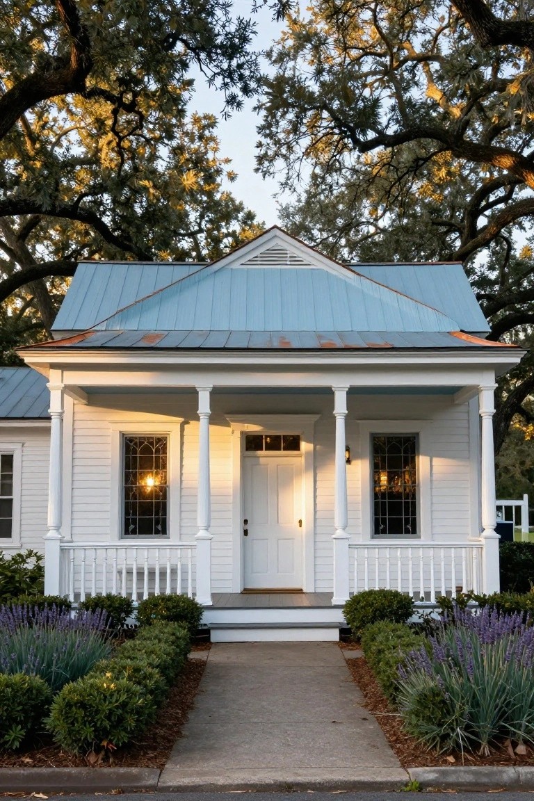 White clapboard cottage with blue-green patina metal roof, raised front porch supported by white columns, leaded glass windows flanking the door, boxwood shrubs and lavender plants along a concrete pathway under live oak trees.