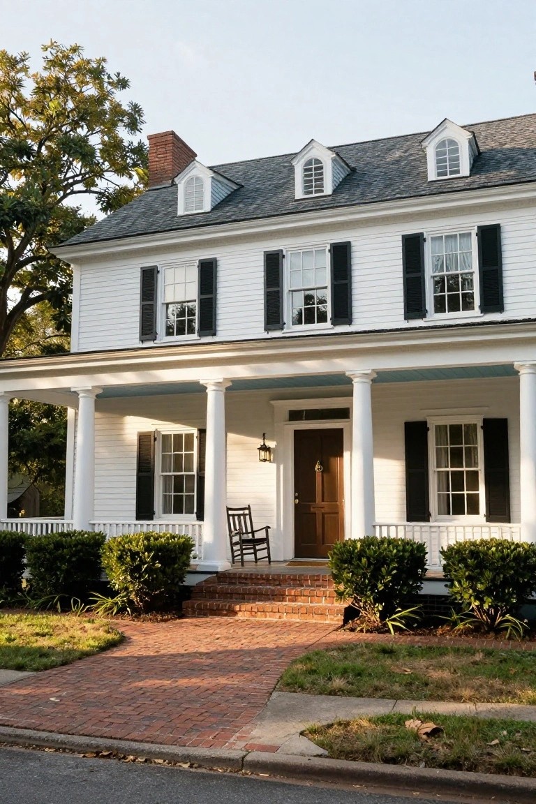 Two-story white clapboard Southern Colonial house with gabled dormers, black shutters, column-supported front porch, wooden rocking chair, brick steps, boxwood hedges, and brick pathway leading to the street.