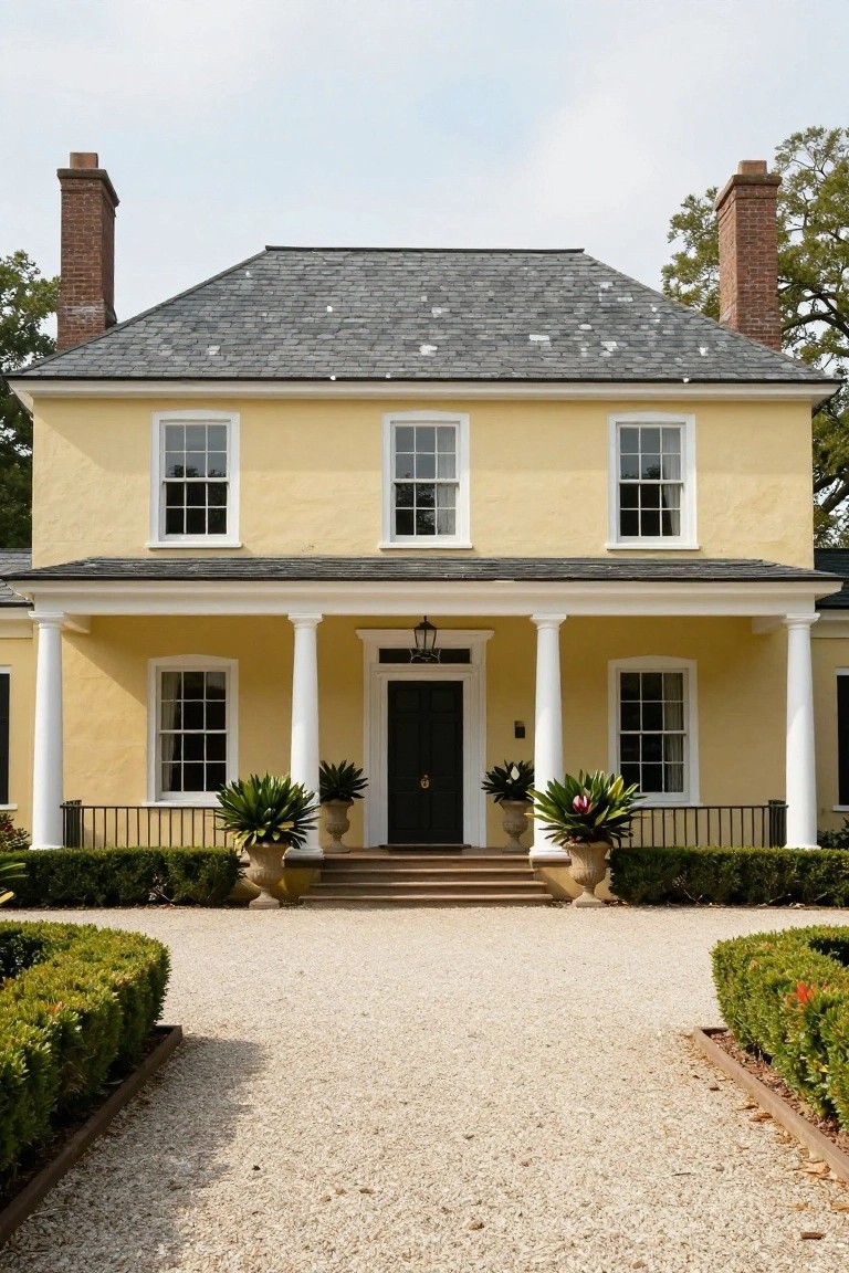 Pale yellow two-story house with gray slate roof, white Doric columns supporting a portico over black front door, potted plants flanking steps, gravel driveway edged by boxwood hedges.
