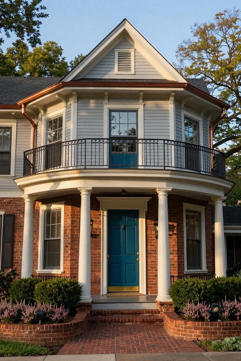Two-story house exterior featuring light gray shingle siding on top, red brick base, octagonal turret with black wrought-iron balcony, wraparound porch with white columns, turquoise front door, brick walkway, and landscaping with shrubs and heather.