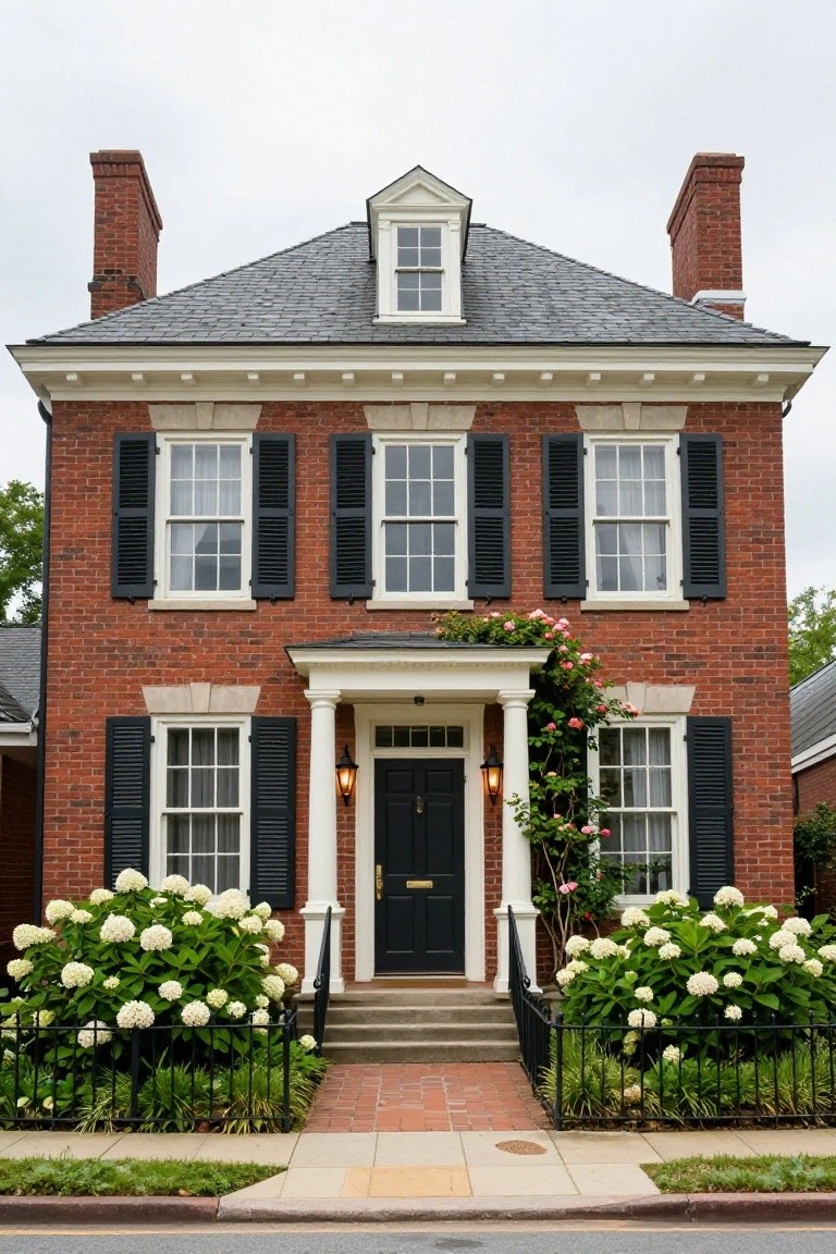Two-story red brick house with symmetrical black shutters on multi-pane windows, white trim, gabled slate roof with dormer, pedimented front porch with columns and black door, climbing roses on porch, and white hydrangea bushes flanking iron fence and brick steps.
