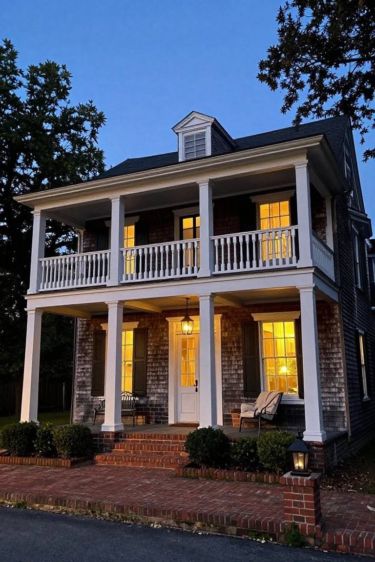 Two-story house with dark shingle siding, white columns supporting upper and lower porches, multiple lit windows, white front door, lanterns, brick steps and path, shrubs, chairs on porch, trees, at dusk.