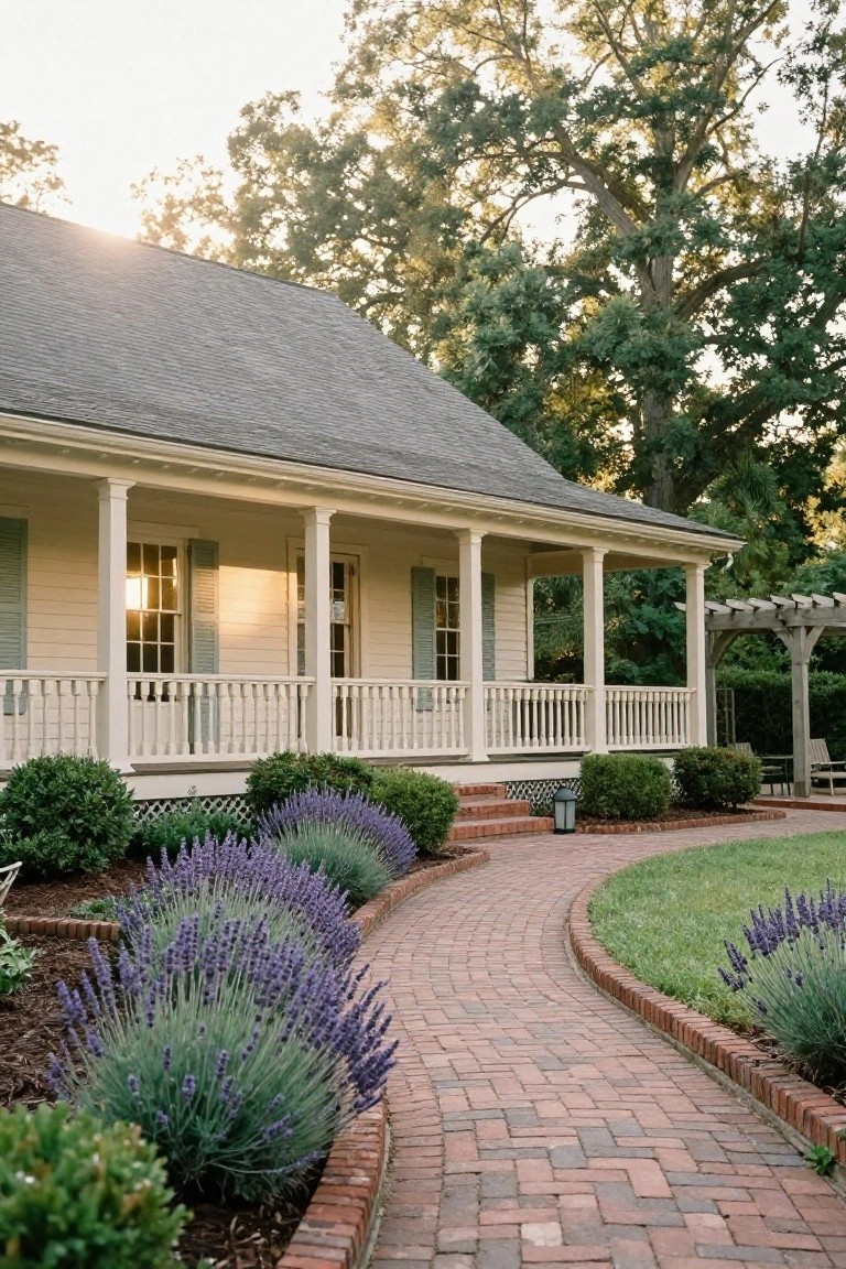 Pale clapboard house with wrap-around porch, white columns, shutters, and railing, approached by curved red brick path lined with lavender plants and boxwood shrubs under oak trees.