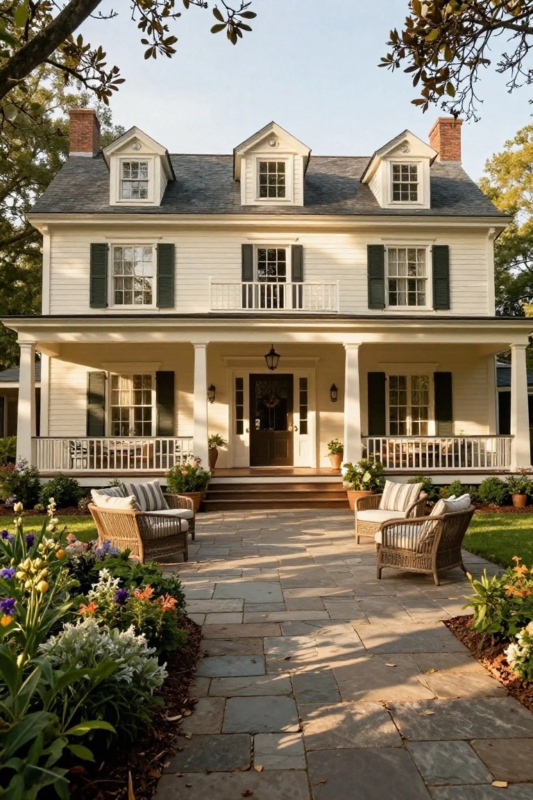 Two-story cream clapboard Colonial house with dark green shutters, wraparound front porch supported by white columns, stone pathway to the entry flanked by wicker chairs and colorful flower beds under oak trees.