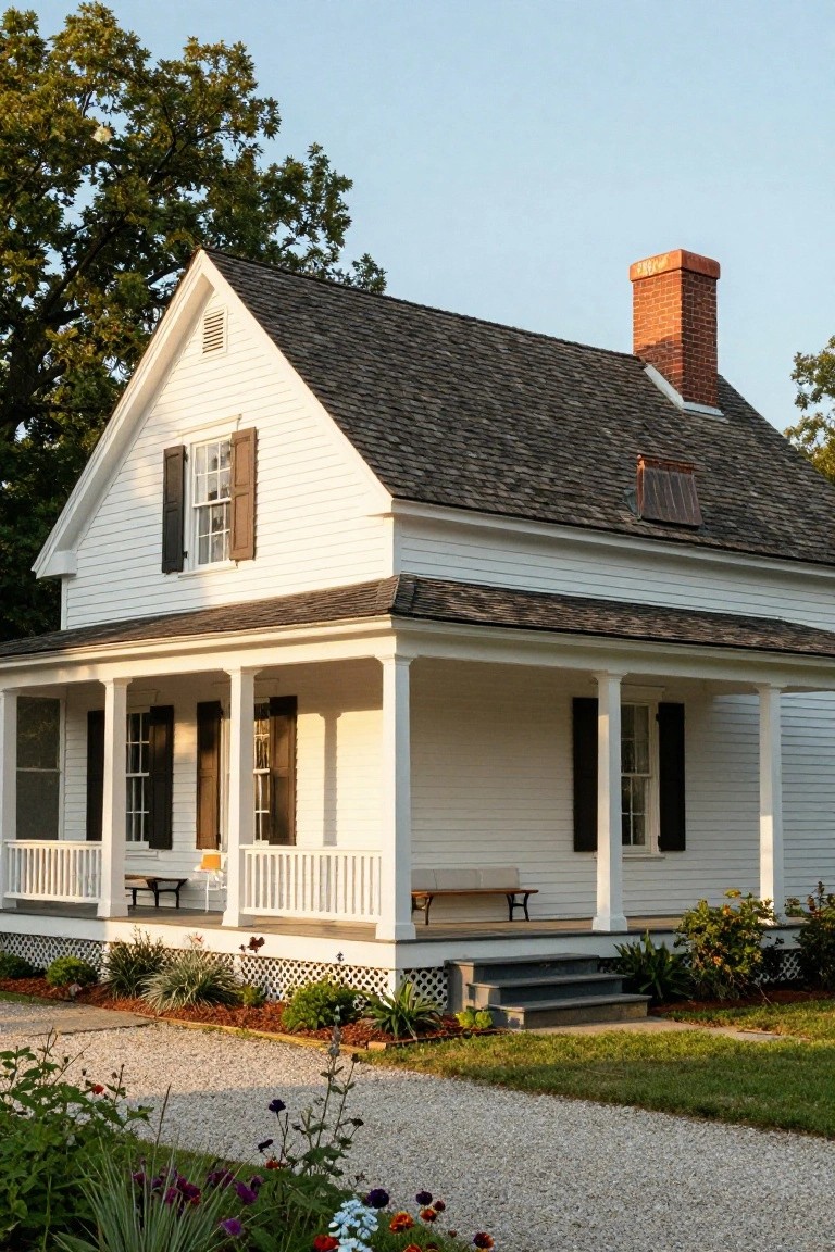 White clapboard house with gabled roof, brick chimney, dark shutters on windows, column-supported wraparound porch, front steps, bench, and landscaped gravel path with plants.