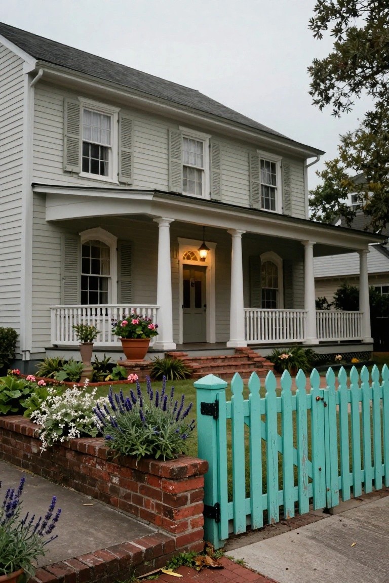 Two-story light gray clapboard house with wraparound front porch supported by white columns, turquoise picket fence, brick steps, and flower beds in the yard.