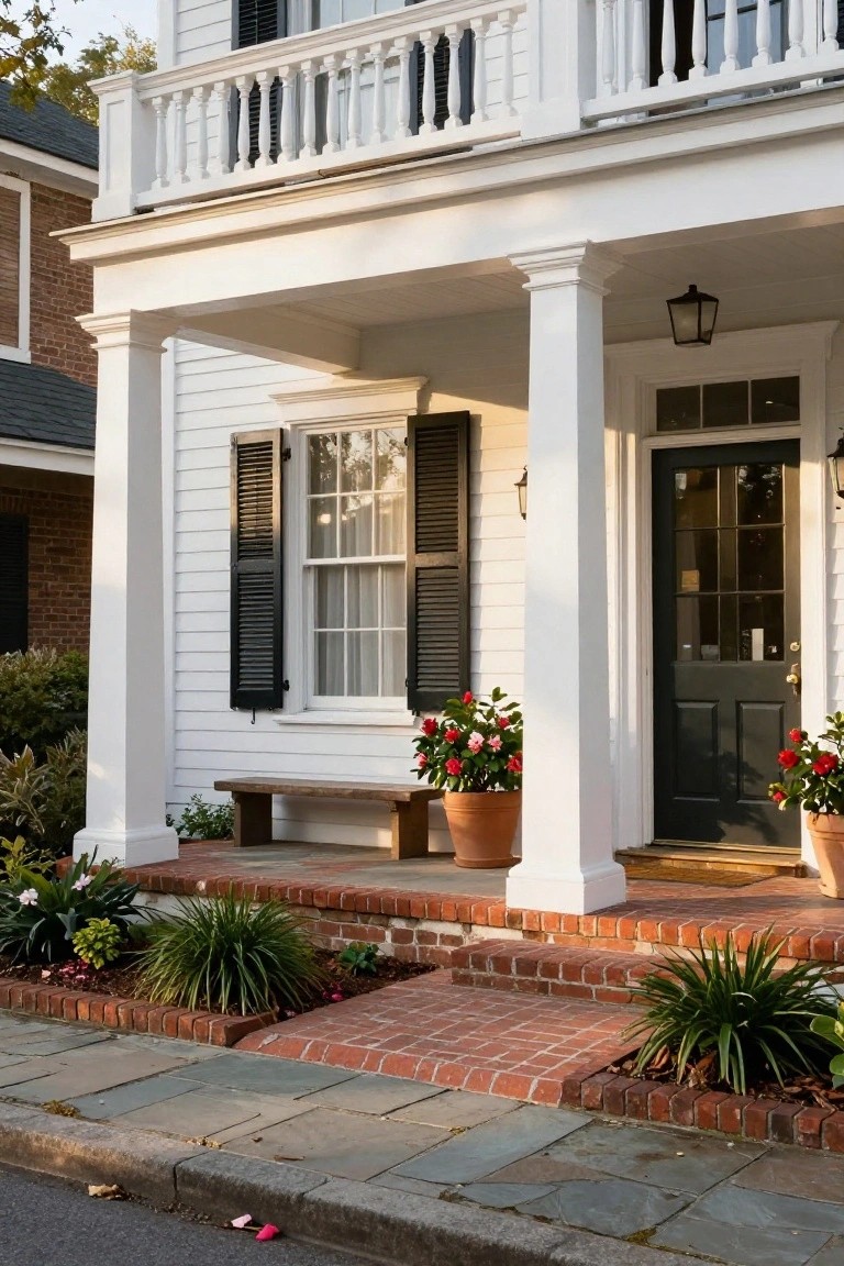 White two-story house with black shutters, columned front porch, dark paneled door, brick steps, potted red flowers, and low landscaping along the sidewalk.
