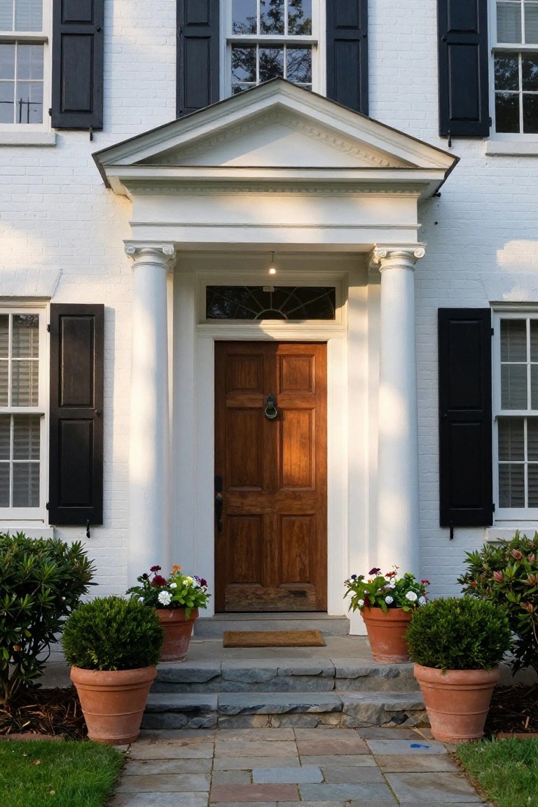White brick house exterior with black shutters, a pedimented portico supported by two fluted columns, wooden front door with brass knocker, and large terra cotta pots with flowers and shrubs on stone steps.