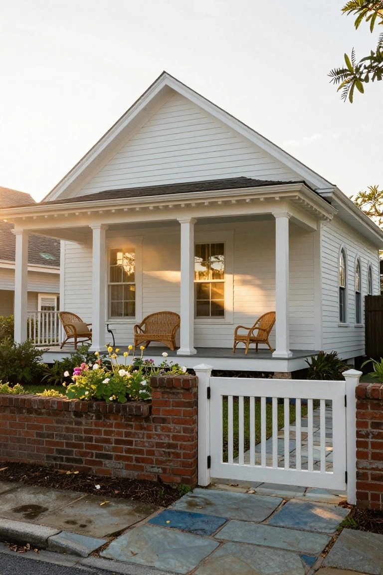 White clapboard cottage with gabled roof, columned front porch with wicker chairs, arched windows, flower garden, white picket gate on brick wall, and bluestone path at sunset.