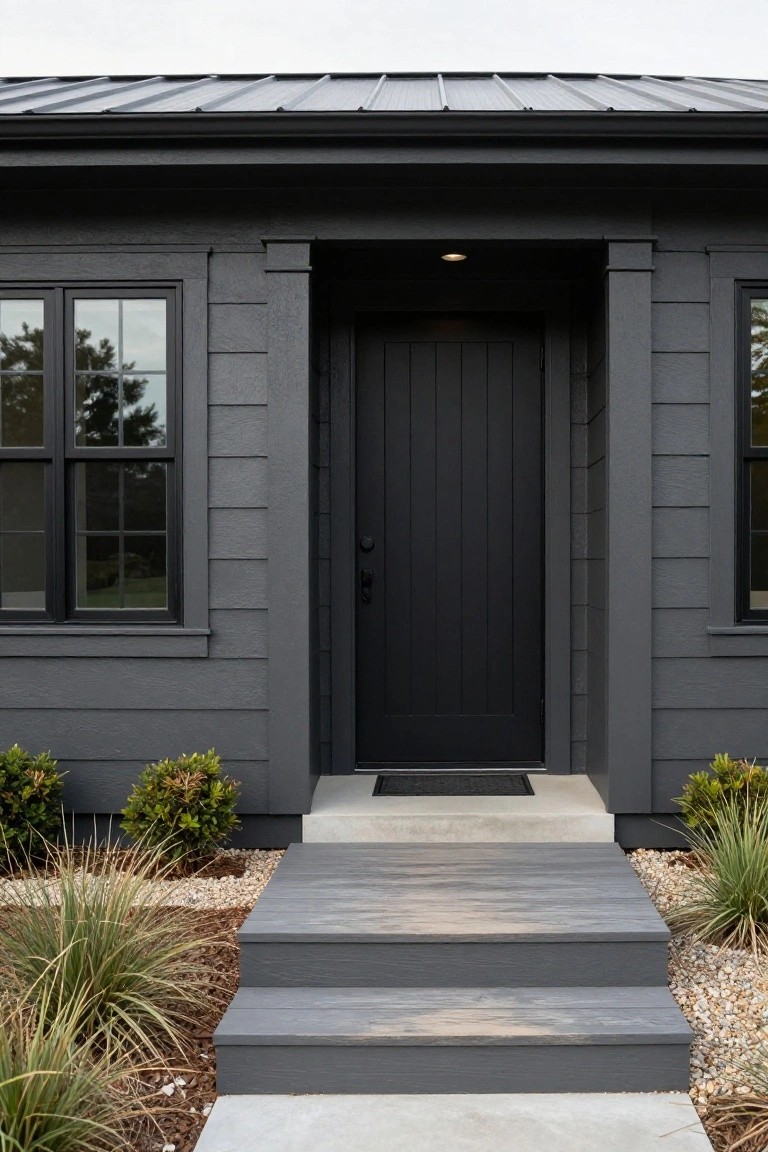 Front exterior of a small dark gray house with board-and-batten siding, black metal roof, black-framed double-hung windows, recessed black paneled entry door flanked by pilasters, concrete stoop with gray wood steps, and low boxwood shrubs plus ornamental grasses in gravel beds.