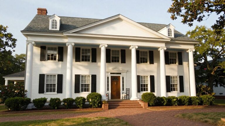 Two-story white clapboard Southern Colonial house with gabled dormers, black shutters, column-supported front porch, wooden rocking chair, brick steps, boxwood hedges, and brick pathway leading to the street.