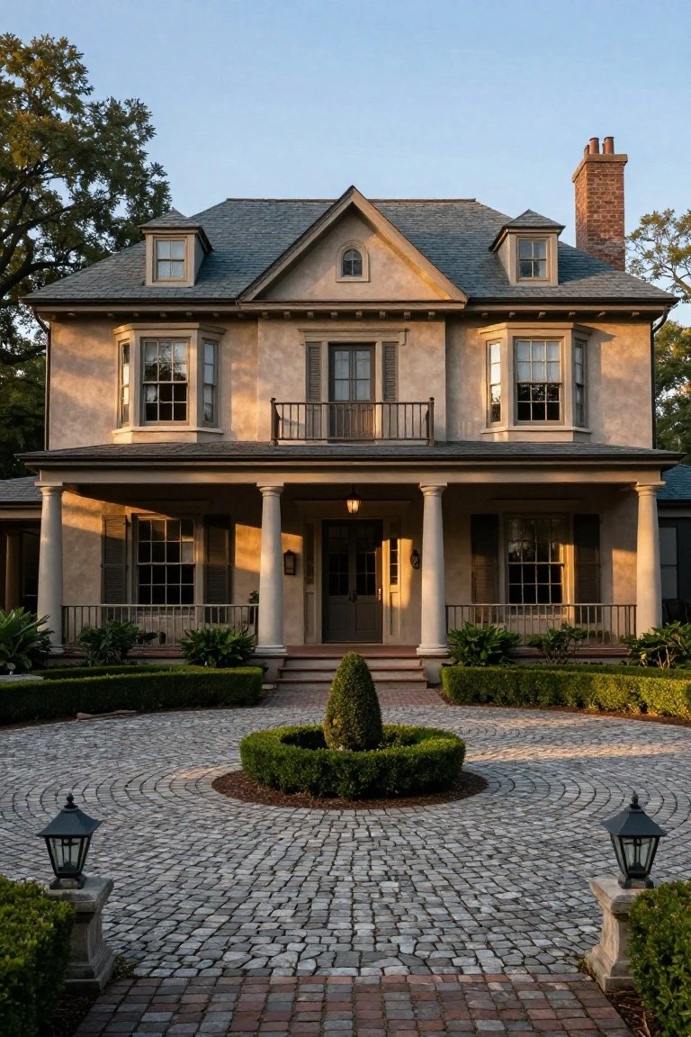 Two-story beige stucco house with gray slate roof, dormers, bay windows, columned front porch with double doors and sidelights, flanked by boxwood hedges and circular cobblestone driveway with lanterns.
