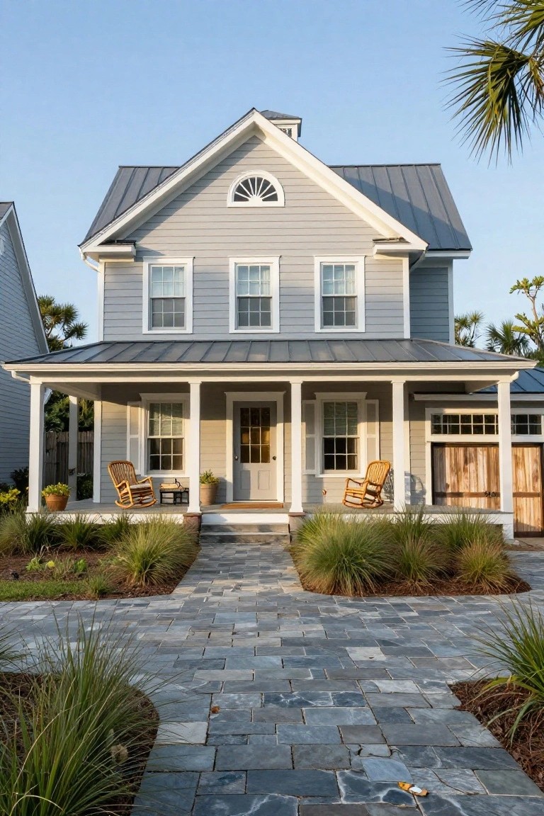 Two-story light gray clapboard house with dark standing-seam metal gable roof, wide front porch supported by white columns, two wicker rocking chairs on porch, stone paver walkway, and native grasses with palm trees in yard.
