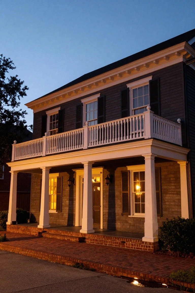 Twilight photo of a two-story house with dark shingle siding, white columns supporting a full-width upper porch and entry porch, brick foundation, shrubs, and warm lights from windows and lanterns.