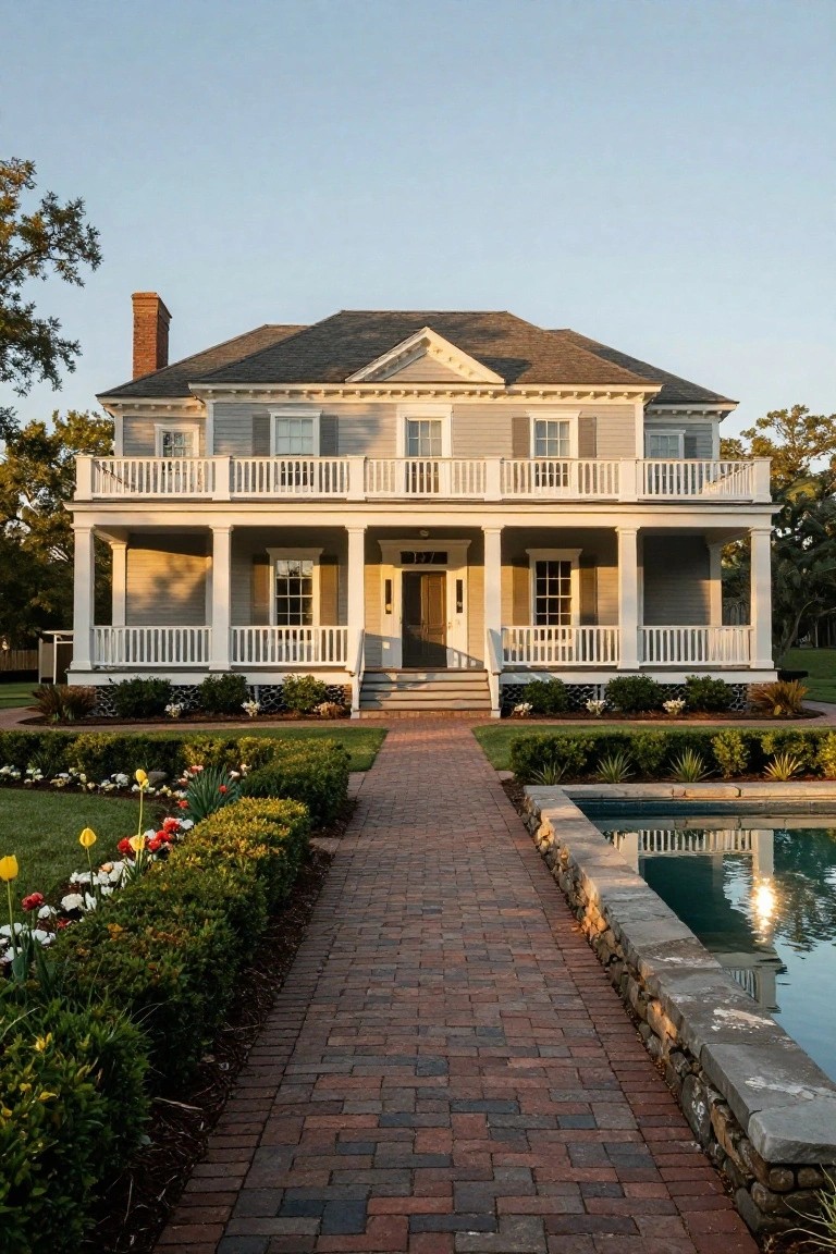 Two-story light gray house with white columns supporting wraparound porch and balcony, central front door, brick pathway lined with flowers and shrubs leading to steps, stone pool nearby.