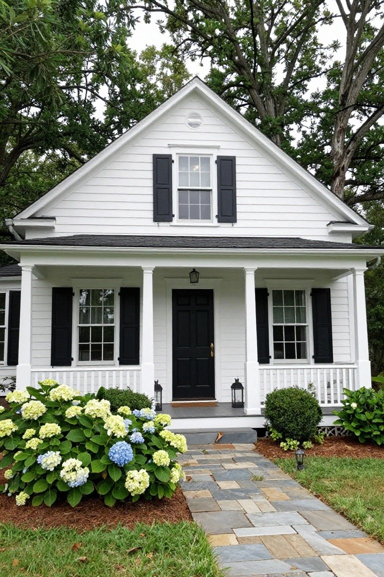 White clapboard house with black shutters on windows, black front door, covered porch with white columns and black lanterns, hydrangea bushes on sides of steps, stone pathway, lawn, and surrounding trees.