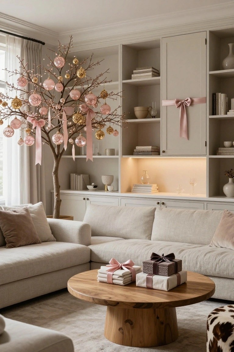 A living room with neutral built-in shelving and a beige L-shaped sofa around a wooden coffee table holding wrapped gifts, featuring a tall bare-branch Christmas tree decorated with pink glass baubles, gold ornaments, and pink ribbons.