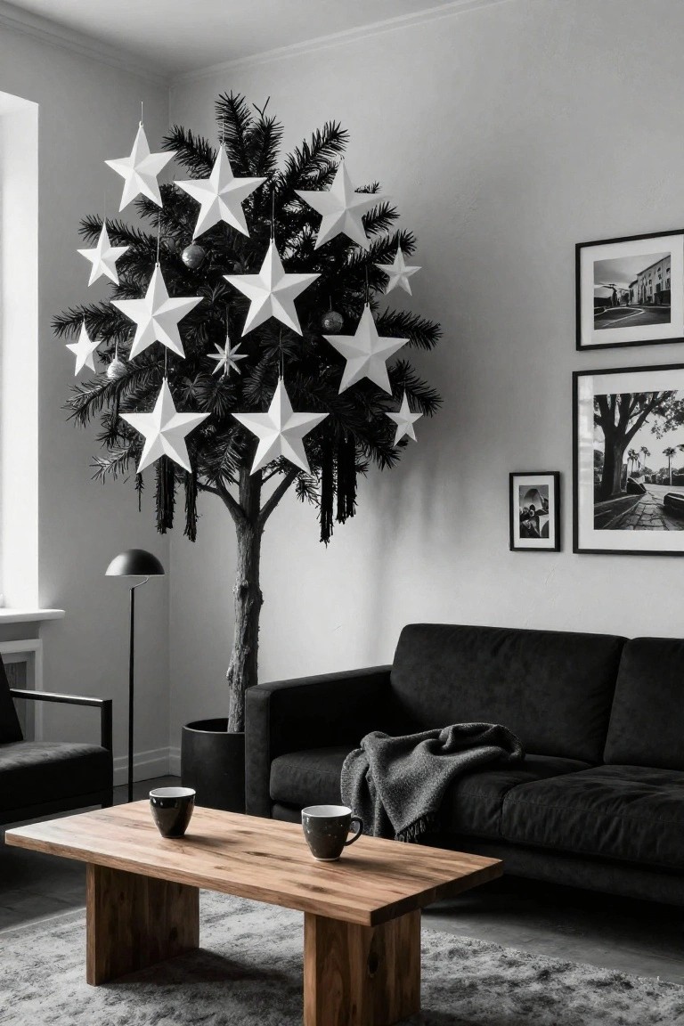 Black and white photo of a living room with a tall black Christmas tree decorated with white paper stars, black sofa, wooden coffee table holding two black mugs, floor lamp, and framed photos on walls.