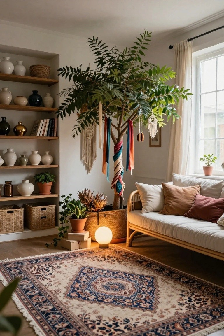 Living room corner featuring a tall potted tree decorated with colorful scarves, macrame, dreamcatchers, and beads, next to wooden shelves holding pottery and plants, a rattan daybed, floor lamp, and patterned rug.