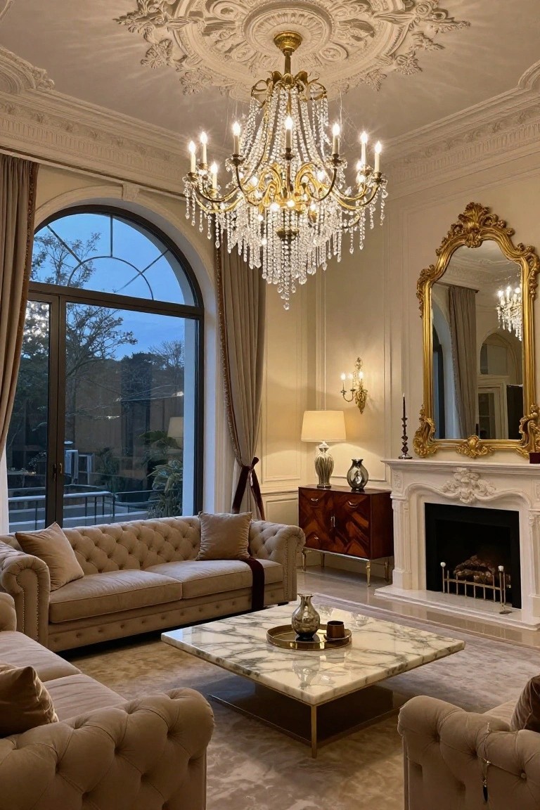 Luxurious living room interior with large crystal chandelier hanging from ornate ceiling, beige tufted sofas around marble coffee table, carved fireplace, gilded mirror, and arched window with drapes.