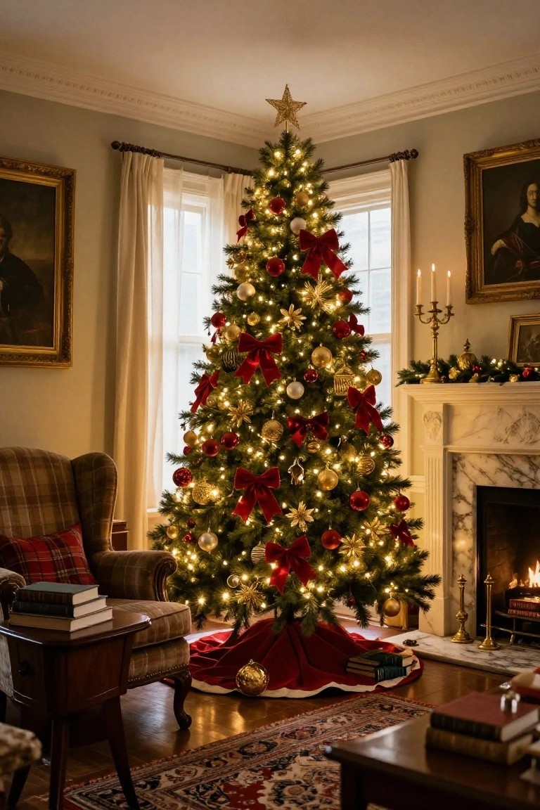 A lit Christmas tree with red bows, gold ornaments, and white lights stands in the corner of a traditional living room beside a marble fireplace with candles and garland, next to a plaid armchair, wooden side table with books, and Persian rug.