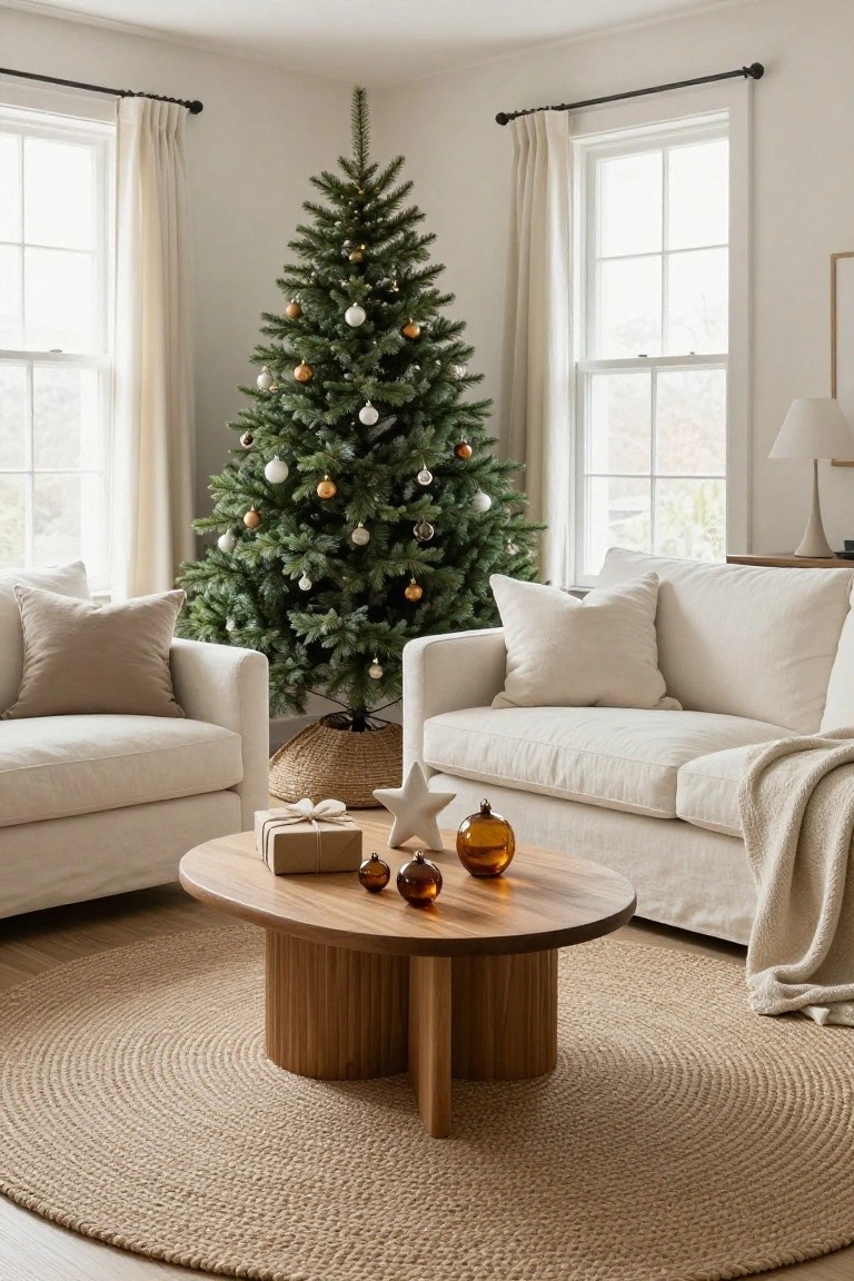 A living room corner with a decorated evergreen Christmas tree next to two creamy upholstered sofas, a round wooden coffee table holding wrapped gifts and glass ornaments on a round jute rug.