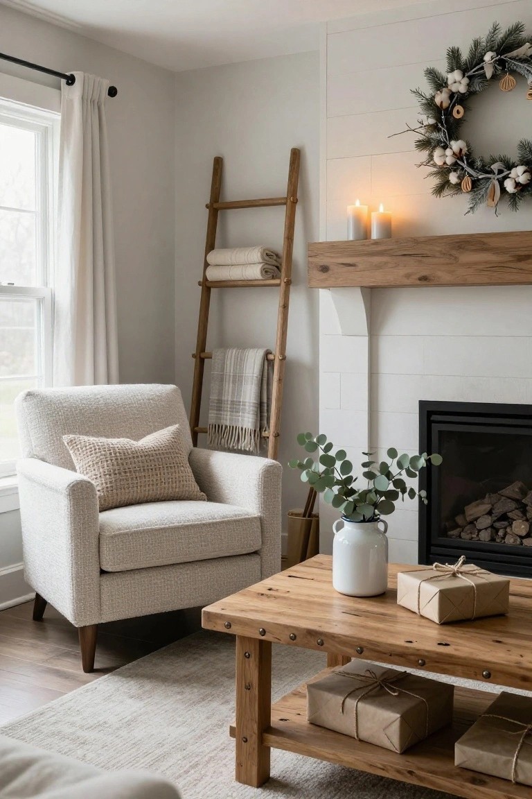 Living room corner with shiplap walls, wooden mantel fireplace, ladder shelf holding folded blankets, beige armchair with pillow, wooden coffee table with wrapped gifts, white jug of eucalyptus branches, candles, and Christmas wreath on wall.