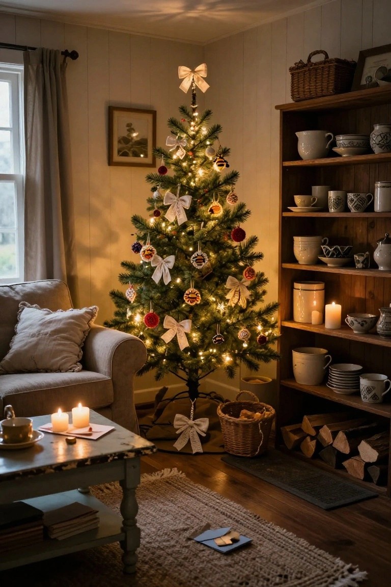 A small Christmas tree decorated with white bows, colorful ornaments, and lights stands in the corner of a rustic living room next to wooden shelves stocked with pottery, a beige sofa, low table with candles, and a woven basket.