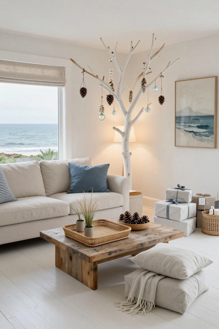 Living room corner featuring a tall white driftwood branch Christmas tree decorated with pinecones, shells, and glass ornaments, beside a beige sofa, wood coffee table with plants, and wrapped gifts, with an ocean view through a large window.